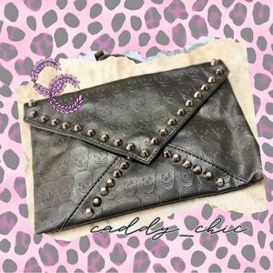 Studded Black Faux Leather Skull Embossed Clutch Crossbody Bag  Purse NWT